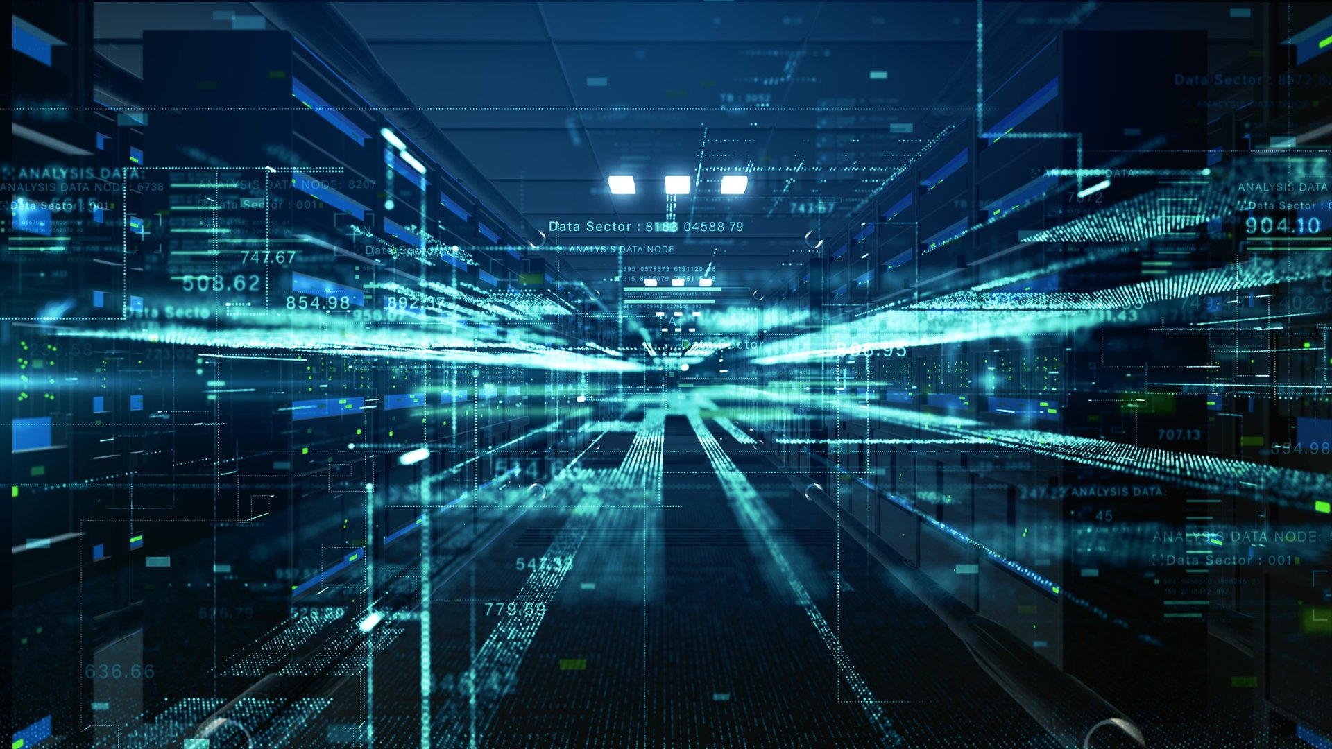Futuristic data center with digital transmission lines
