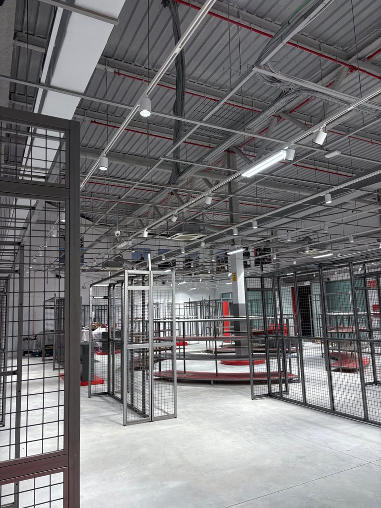 Industrial warehouse interior with metal security cages, exposed ceiling infrastructure, fluorescent lighting, and polished concrete floor